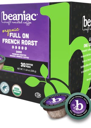 beaniac Organic Full On French Roast, Dark Roast, Single Serve Compostable K Cup Coffee Pods, Organic Arabica Coffee, Keurig Brewer Compatible, 30 Count