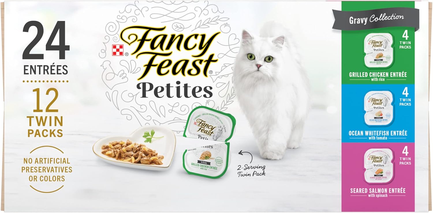 Purina Fancy Feast Gourmet Wet Cat Food Variety Pack, Petites Gravy Collection, break-apart tubs, 24 servings - (Pack of 12) 2.8 oz. Tubs