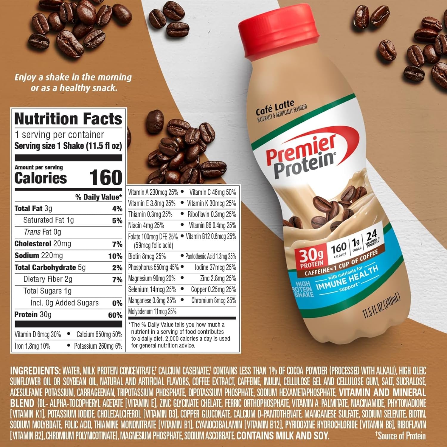 Premier Protein Shake, Café Latte, 30g Protein, 1g Sugar, 24 Vitamins & Minerals, Nutrients to Support Immune Health 11.5 fl oz, 12 Pack - Image 4