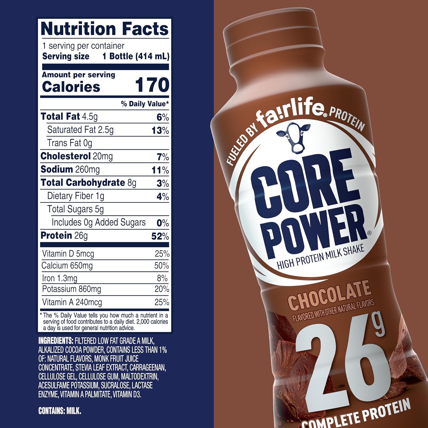 Core Power Protein Shake, Chocolate, 26g Bottle, 14oz, 12 Pack - Image 2