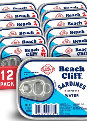 Beach Cliff Sardines in Water, 3.75 oz Can (Pack of 12) - Wild Caught Sardines - 12g Protein per Serving - Gluten Free, Keto Friendly